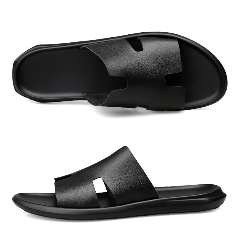 Big Size Genuine Leather Men Sandals Cowhide Summer Sandals Quality Men Slippers Casual Outdoor Beach Shoes(Black,10)3