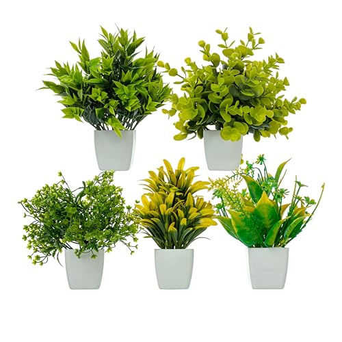 Image of JH Gallery Artificial Flowers, Small Indoor Potted Houseplants for Home Decor, Decoration Items for Living Room, Office and Bedroom, Artificial Plants with Pot (Pack of 5)