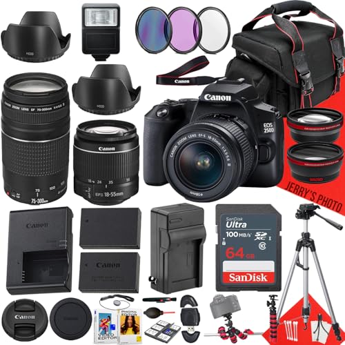 Canon EOS 250D / Rebel SL3 DSLR Camera with EF-S 18-55mm f/3.5-5.6 III DC and EF 75-300mm f/4-5.6 III Lens + 64 GB Memory + Extra Battery + Battery Charger + Filters + More (34pc Bundle) (Renewed)