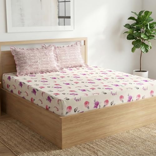 Image of Home Sizzler Microfibre Floral Print Double Fitted Bedsheet, 72x78 inch, Cream & Pink with 2 Ruffled Edge Pillow Covers