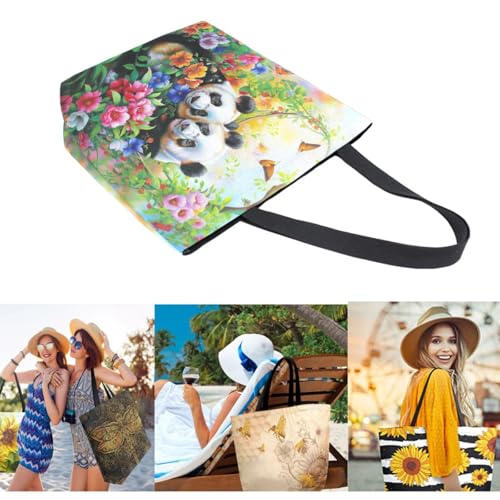 Extra Large Canvas Shoulder Tote Bag, Beautiful Flowers Sweet Panda Painting Durable Daily Womens Handle Bag for Gym Yoga Weekender Picnic Beach Travel Kitchen Reusable Market Grocery Shopping 6