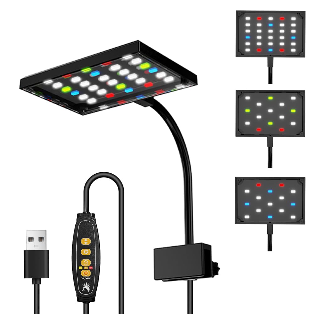DONGKER Clip On Aquarium Light,3 Lighting Modes Full Spectrum Fish Tank Light Adjustable Timer/ 10 Brightness with 360° Rotation Lamp Rod for Within 0.5" Thickness Glass Aquariums Tanks