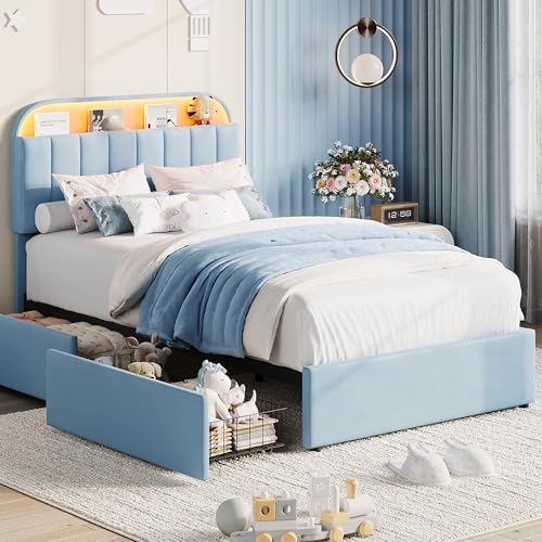 Garvee Twin Size Bed Frame with 2 Flexible Drawers, Velvet Upholstered Platform Bed Frame with Bookcase Headboard and LED Lights, Kids Bed for Boys, Easy Assembly, Noise Free, Blue Blue Twin