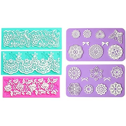 Embossing Lace Fondant Moulds, Multi Circle Flowers Lace Mat Wedding Cake Decoration Tool, Rattan Shaped Cupcake Mat Silicone Molds set of 5 Cover