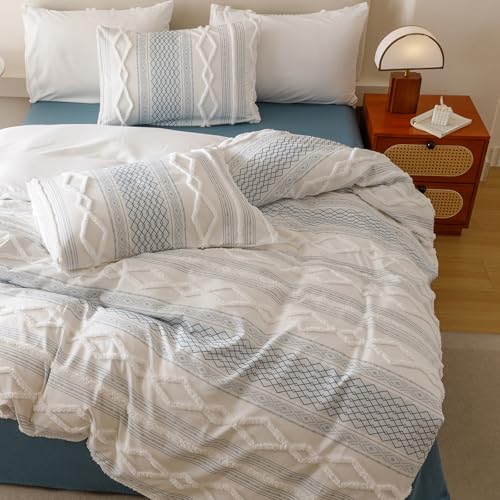 Image of KAREVER Ivory Blue Boho Comforter Set Twin Mixed Textures Jacquard Bedding Set Durable Chic and Stylish Bedroom Set