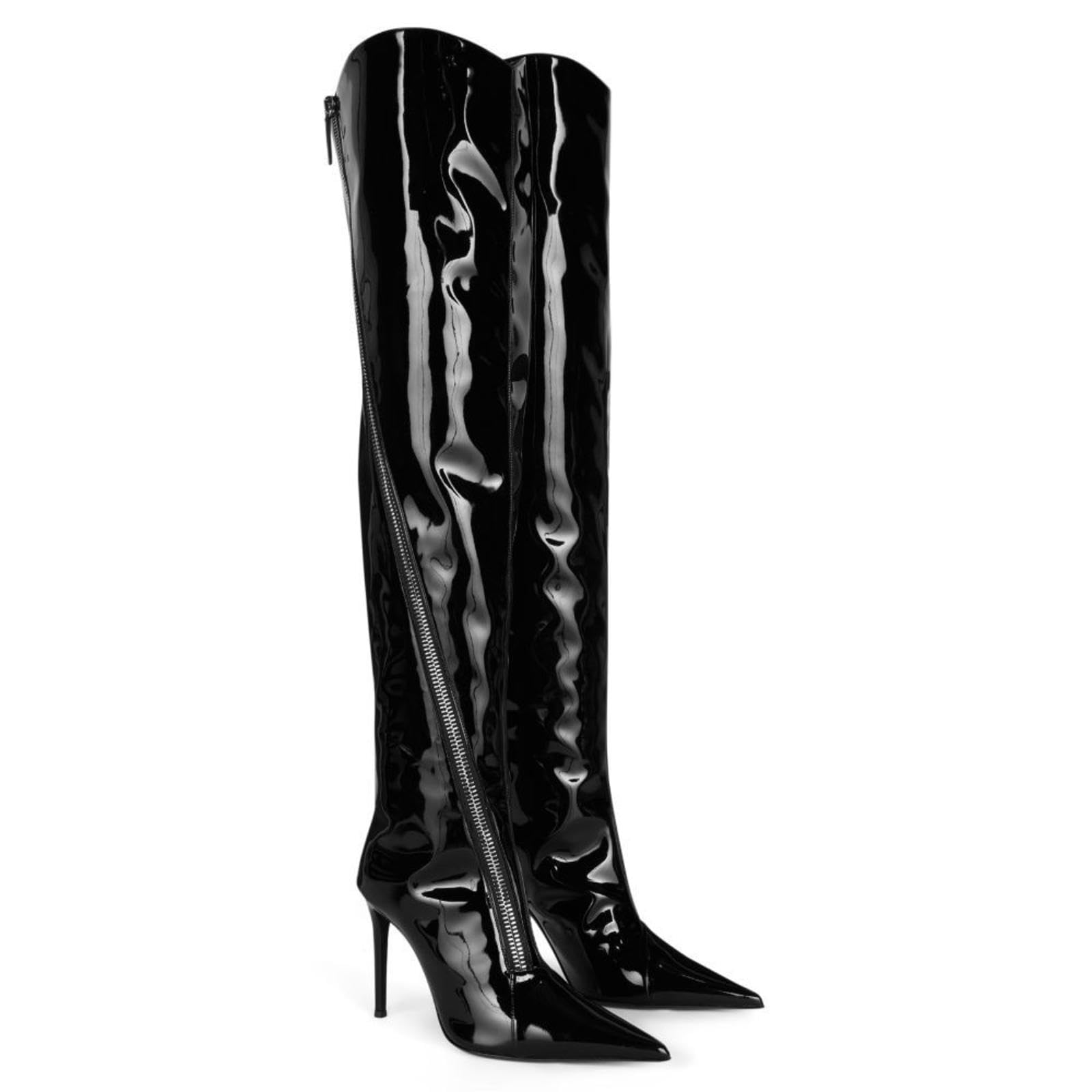 Tacchi Donna Tacchi Alti 13 Cm Stivali in Pelle Alti al Ginocchio Tacco Fine a Punta,Black-43
