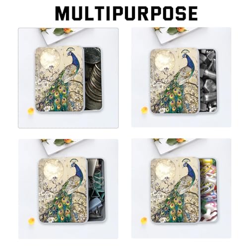 Image of Metal Tin Box with Lid,Multi-functional Storage Large Box Can Store Tea Biscuits Game Cards, Playing & Tarot Cards-Comes with 4 Magnetic Cord Clips,Peacock by Moon