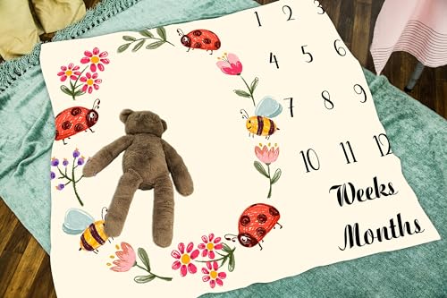 Image of Cartoon Insect Baby Age Blanket, Red Seven Star Ladybug Bee Floral Insect Newborn Photo Baby Monthly Milestone Blanket Growth Chart Baby Memory Blanket, 48x40 Inches BTLSLY895