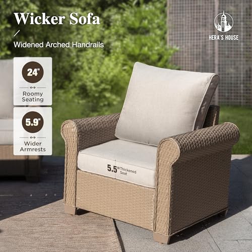 Image of HERA'S HOUSE Patio Furniture Set, 4 x Cushioned Chairs, 3-Seat Sofa with Wood Grain Coffee Table, 5 Seats Luxury Windsor Style All Weahter Outdoor Sofa Conversation Set for Deck Lawn Backyard