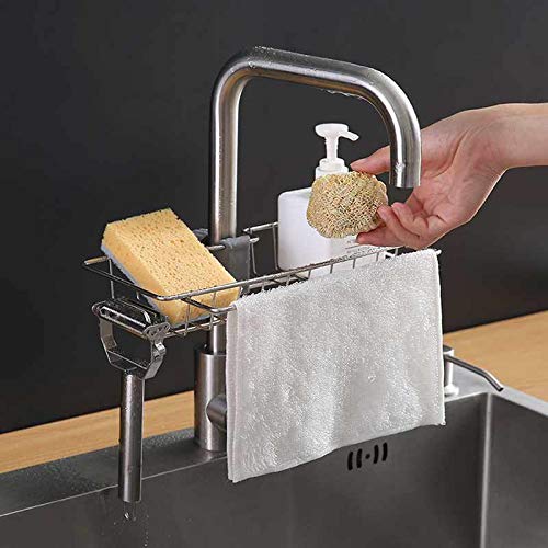 Mforall Soap, Sponge Holder, Stainless Steel Sink Caddy Organizer,Tap Organiser Clip Storage Rack Practical Home Kitchen Faucet Shelf Snap-on Faucet Rack Drain Rack for Soap, Sponges, Dish Sponge