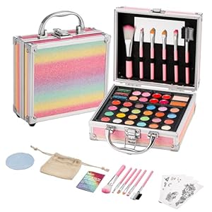 Anpro All-In-One Makeup Carry Case with Pro Teen Makeup Set, Full Starter Cosmetics Kit with Makeup Brushes, Eye Shadows Palette, Blushes, Glitter Gel, Temporary Tattoo Stickers – Colorful