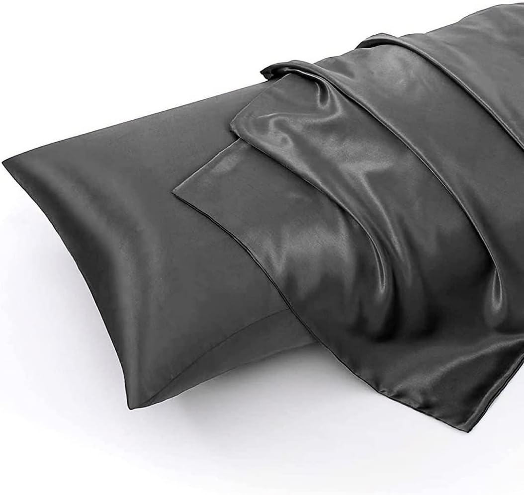 wavveUziz Satin Sheets Queen Size Dark Gray Satin Bed Sheet Set 16" Deep Pocket Silky Satin Sheet Set with 1 Fitted Sheet, 1 Flat Sheet and 2 Pillow Cases- Wrinkle, Fade, Stain Resistant- 4 Piece