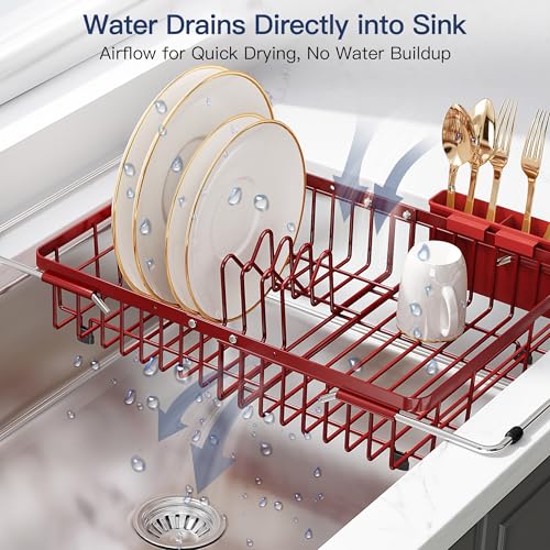 Image of JASIWAY Red Dish Drying Rack Over the Sink with Utensil Holder