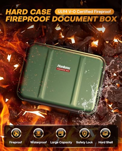 Image of Fireproof Document Box, Hard Case Fireproof Document Organizer with Lock, Water Resistant Safe Box for Important Documents Certificates Laptop Passports, Green