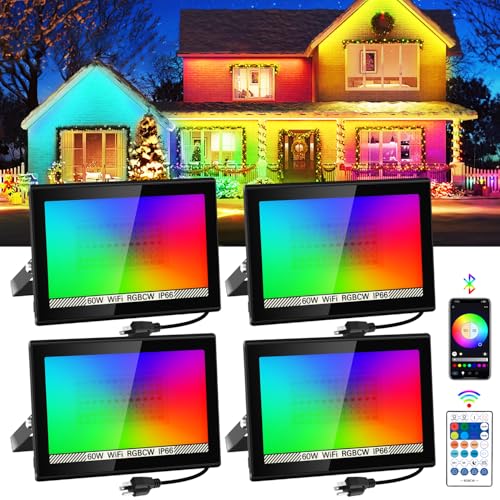 Image of T-SUN LED Flood Lights Outdoor 60W, 600W Equivalent 6000LM Color Changing Landscape Light with APP Control, Waterproof Floodlights with 2700K & 16 Million Colors, Timing, Music Sync, US Plug(4Pack)