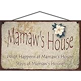 5 x 8 Mamaw's House サイン マグノリアフラワー What Happens at Mamaw's House Stays at Mamaw's House ヴィンテージスタイル 装飾 家庭 家族 ホームデコレーション おばあちゃん ニックネーム ギフト サイン