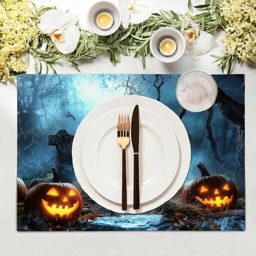 Sets de table lavables Halloween motif lanternes citrouilles bleu clair 8 pcs