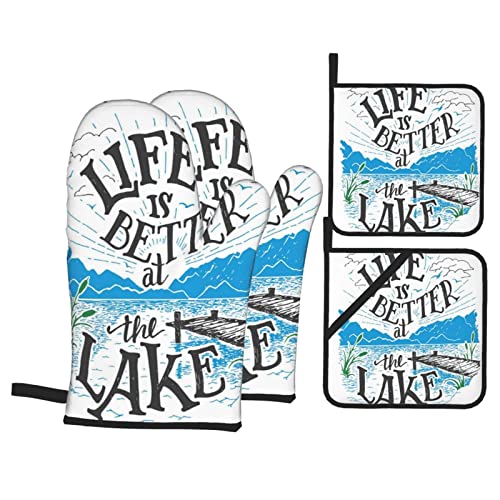 Life Is Better At The Lake Pier Plants Mountains Oven Mitts And Pot Holders Sets Of 4，Heat Resistant Kitchen Microwave Gloves And Pot Pads With Non-Slip Surface For Grilling Baking Cooking Bbq #TOP10