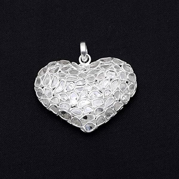 Shine Jewel 2,00 CTW Ciondolo a cuore pieno di diamanti naturali Polki in argento sterling 925 placcato platino con diamanti a fette