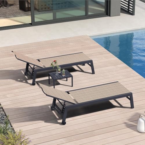 Image of PURPLE LEAF Patio Chaise Lounge Set of 2 w /Side Table Textilene Taupe