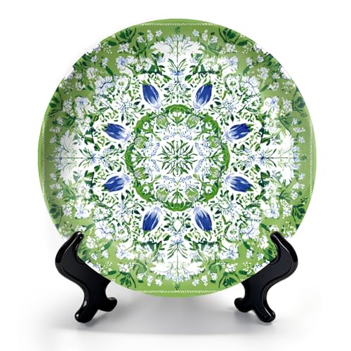 HABEN ARTWORK 10' Ceramic Plates for Display Green Floral Mandala White Blue Flowers...