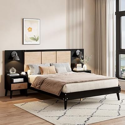 Filtome Queen Size Solid Wood Bed Frame with 2 Nightstands, Elegant Design with Lamps, Rattan and Wood Combination,Black