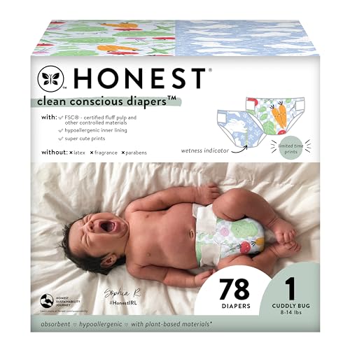 Image of The Honest Company Clean Conscious Diapers | Plant-Based, Sustainable | Spring '24 Limited Edition Prints | Club Box, Size 1 (8-14 lbs), 78 Count