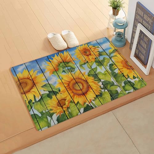Sunflowers Antifatigue Kitchen Bath Door Mat Cushioned Runner Rug,Washable Welcome Floor Sink Mat,Waterproof & Non-Slip Kitchen Standing Doormat,Summer Vintage Botanical Floral Wooden Boards 18