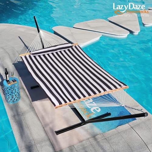 Image of Lazy Daze Hammocks 12FT Quilted Fabric Double Hammock with Spreader Bars and Detachable Pillow, 2-Person for Outside Patio Poolside Backyard Beach, 450 lbs Capacity, Black White