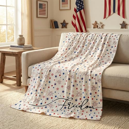 Horaldaily 4th of July Flannel Blanket Throw Fireworks Freedom Independence Day Memorial Day Soft Fuzzy Plush Cozy Fleece Blankets for Couch Sofa Bed Decor Ideal Gifts for Kids Adults 50x60