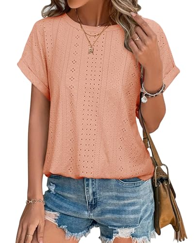 Bodhi talk - Bodhi talk Bluse Damen Sommer: Bluse Damen Elegant Kurzarm - Atmungsaktiv Loch Locker Rundkragen Sommerblusen - Sommer Leicht Strickoberteil Casual Einfach Shirt Korallenrosa M