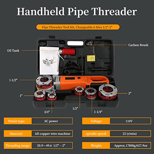 Portable Handheld Electric Pipe Threader,2300W 110V Pipe Threader With 6 Dies Threading Machine 1/2\" To 2\",All-Copper Wire Machine,For The Threading Work Of Galvanized Pipe And Iron Pipe(Storage Box). - Thumbnail 3