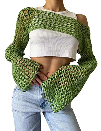 Image of PICPUNMAK Women's Crochet Shrug Sweaters See Through Tops Mesh Cover Up Top Knit Bolero Sweater for Women Y2k Tops Green