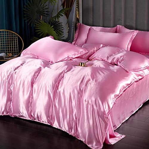 Feelyou Silk Like Satin Bedding Set Queen Luxury Girls Pink Silky Duvet Cover Set Soft Comforter Cover Women Bedroom Decor Chic Luxurious Silky Bedspread Cover Zipper (1 Duvet Cover + 2 Pill