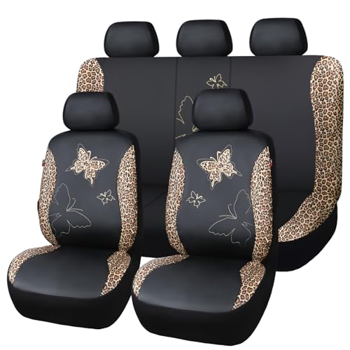Flying Banner Butterfly car seat Covers ful Set Fashion Universal Lady Woman Female Rear Bench Split Colorized (Full Set - Faux Leather Leopard Brown)