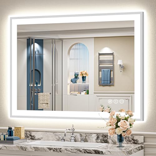 Image of 48x36 Brushed Nickel LED Bathroom Mirror with Lights, Backlit & Front-Lit, Anti-Fog, Framed Lighted Vanity Mirrors for Bathroom Wall, Dimmable, 3 Colors, Memory, Shatter-Proof, Tempered Glass