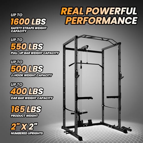 Power Cage with LAT Pulldown, Multi-Functional Power Rack with Cable Pulley System and J-Hooks, Squat Rack with Dip Bars and Landmine Attachment, Weight Cage for Home Gym Equipment