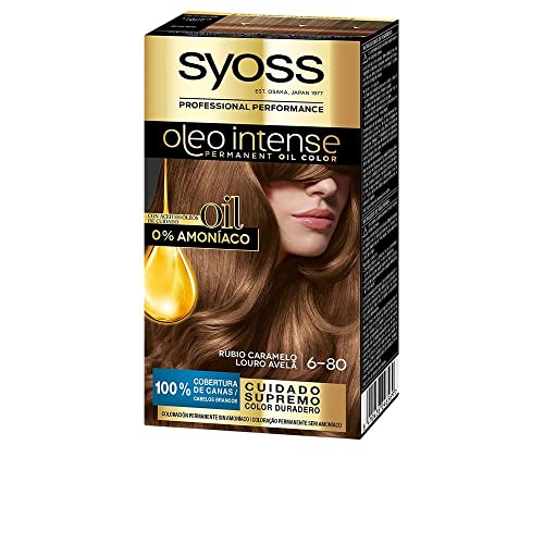 Syoss Oleo Intense - Tono 6-80 Rubio Caramelo – Coloración permanente sin amoníaco – Resultados de peluquería – Cobertura profesional de canas