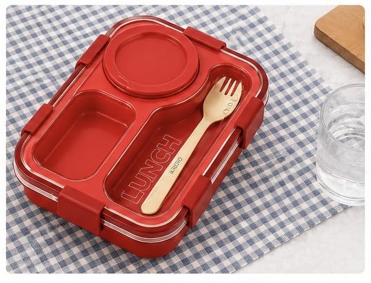 Image of Lunch Box with Compartments and Spork, Red