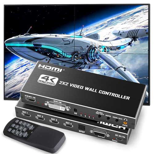 HDMl Video Wall Controller 2X2 with RS232, 4 TV Screens into 1 Wall Display, HDMI 4K 2X2 TV Wall Processor, 180° Rotate, Audio Extractor, 8 Splicing Modes1x1, 1x2, 1x3, 1x4, 2x1, 3x1, 4x1