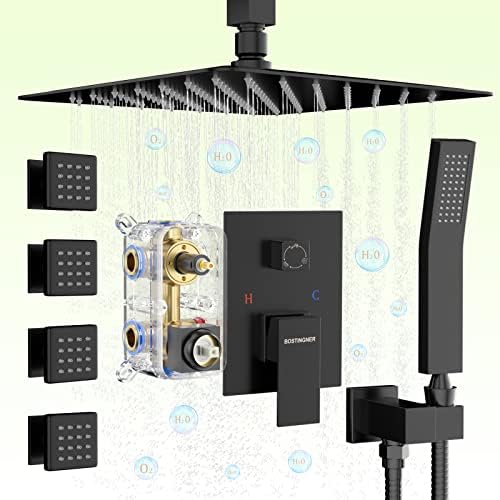 Bostingner Black Shower System with Body Spray Jets 10 Inch Rainfall Shower Ceiling Mounted Full Body Shower System Contain Rough-in Shower Valve, Matte Black