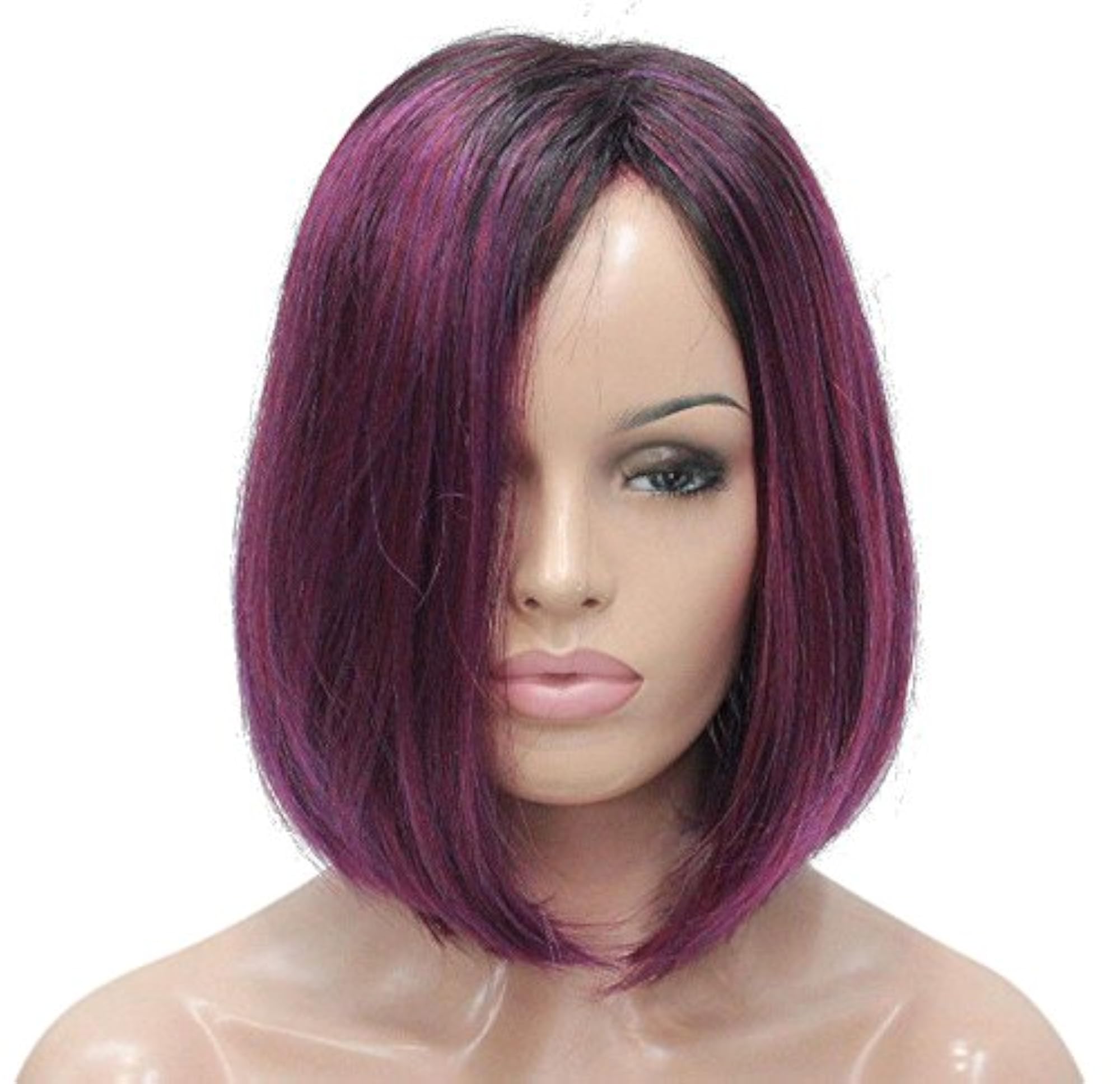 Women's Wine Red Purple Medium Bob Style Synthetic Wig