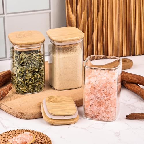 Image of 6oz Glass Spice Jars with Bamboo Lid and Label, 12 Pack Square Glass Container, Small Food Storage Containers for Kitchen, Clear Empty Seasoning Jar for Sugar, Salt, Coffee Bean, Herb, Borosilicate