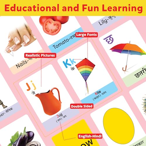 Image of Flash Cards for 3 Year Old | 72 Double-Sided English-Hindi Flashcards with 120+ Pictures | Alphabet, Animals, Fruits & Learning Cards for Kids | Preschool Educational Toy