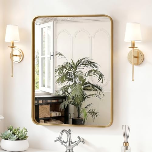 Image of Sweetcrispy Bathroom Wall Mirror, 30x22 Inch Wall Mount Mirror for Over Sink, Modern Rounded Rectangle Vanity Mirrors with Matte Metal Framed, for Home Decor, Living Room, Bedroom, Gold
