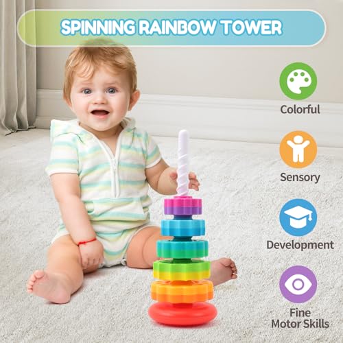 Baby Spinning Stacking Toys, 1-3 Rainbow Ring Stacker Montessori Toys for Babies, Sensory Toys for Toddlers, Christmas and Birthday Gifts Suitable for Boys and Girls - Image 4