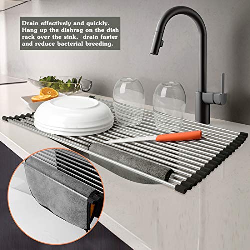 Image of Dish Drying Rack Large Stainless Steel Over the Sink Folding Roll-Up Dish Draining Rack 2 Pcs (green)