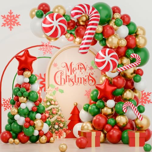 Kit de arco de balões de Natal, 127 peças grinalda de balões natalícios vermelho verde dourado com balões de estrela vermelha e balões de caramelo, decoração de festa de Natal vermelho verde para o