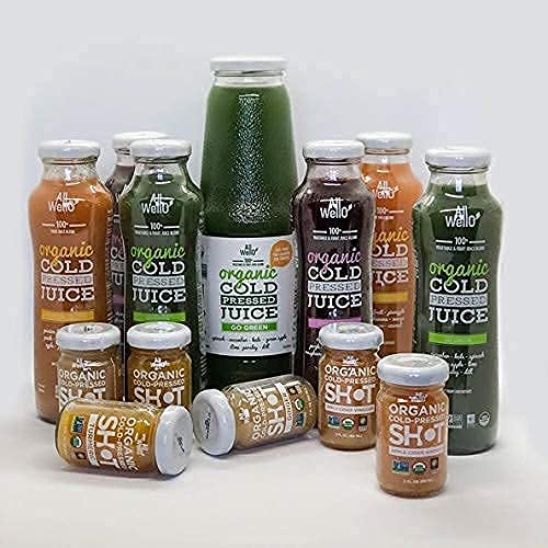 Allwello Organic Cold Pressed Mix 6 Pack Organic Juice Drinks With Pure Fruits And Vegetables 11 Fl Oz + 6 Pack Ginger Shot 2 Fl Oz (12 Pack Total) Natural Usda Organic Digestion Support #TOP7