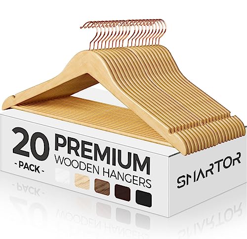 Smartor Wooden Hangers 20 Pack, Sturdy Coat Hangers For Closet, Quality Non Slip Hangers, Premium Heavy Duty Hangers, Durable Coat Hanger, Pants Hanger, Suit Hangers, With 360° Rotating Hook, Natural #TOP11